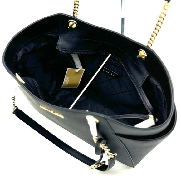 Michael Kors Jet Set Travel Large Chain Shoulder Tote Bag Black/Gold - Picture 10 of 12